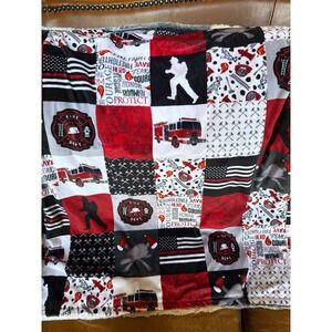 Firefighter Theme Minky Faux Fur Patchwork Kids Throw Blanket Red Black 38x28